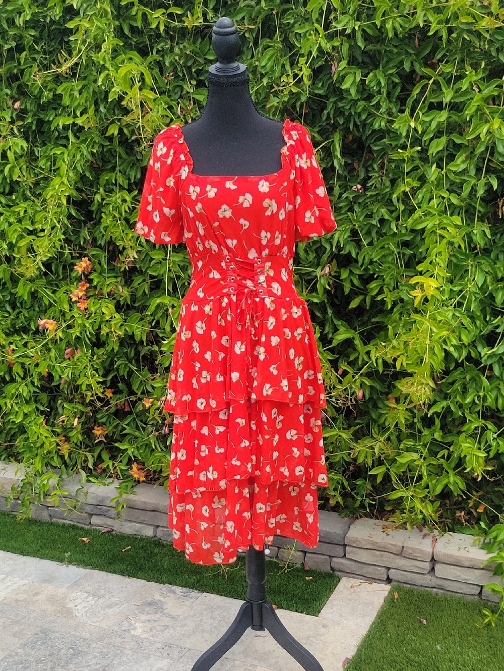 Red Floral Flowy Tiered Midi Dress with Corset Waist Puff Sleeves M